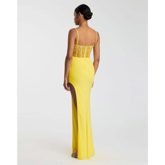 NWT MAC DUGGAL Yellow Spaghetti Strap Beaded Sheer Bodice Gown with Slit Size Sm - Picture 3 of 16